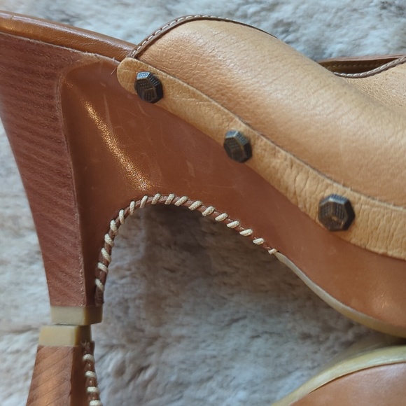 Cole Haan Kenna Leather Light Brown Tan Studded Heeled Clogs Mules Size 10 - Picture 9 of 9